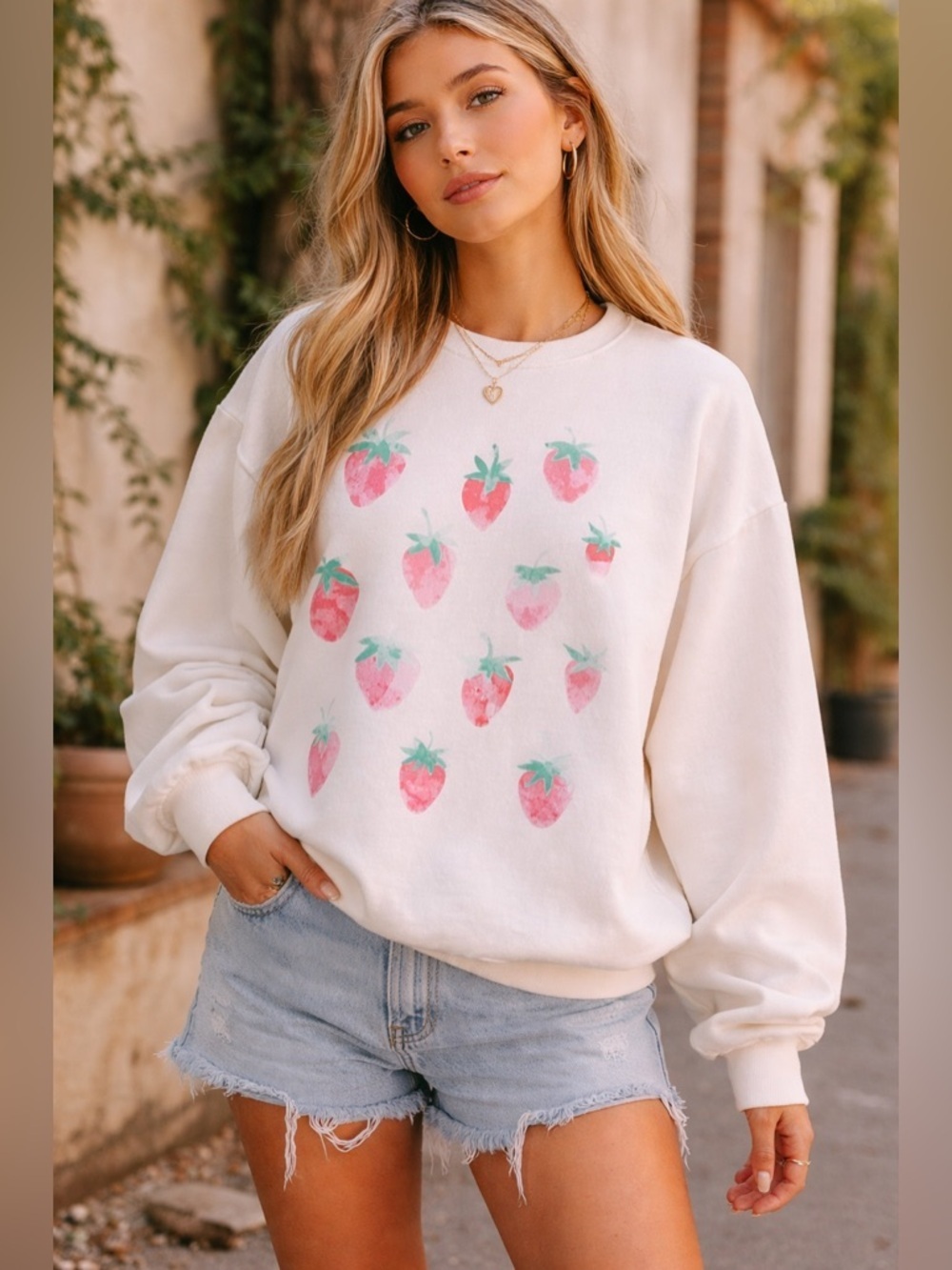 Special Thanks Womens Sweatshirt Sz Small White Pink Strawberry Print Kawaii
